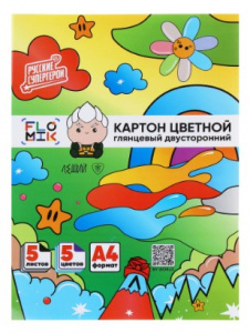 Картон цветной 5 цв. 5л.  глянцевый мелованный, двухстор., А4, 160 г/м2, в папке FLOMIK