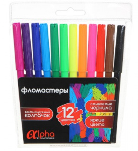 Фломастеры 12 цв с цв.вент.колпачком, большие, смываемые ПРЕМИУМ ClipStudio Альфа