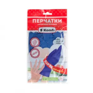 Перчатки латексные прочные, L, синие, 2 шт/уп., Komfi